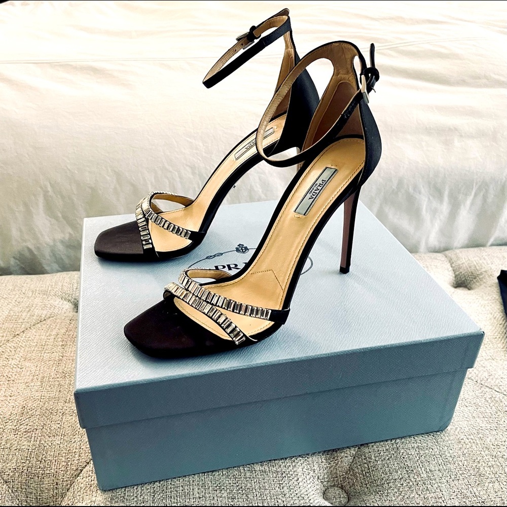 PRADA black satin crystal embellished ankle strap sandal size 10 NEW
